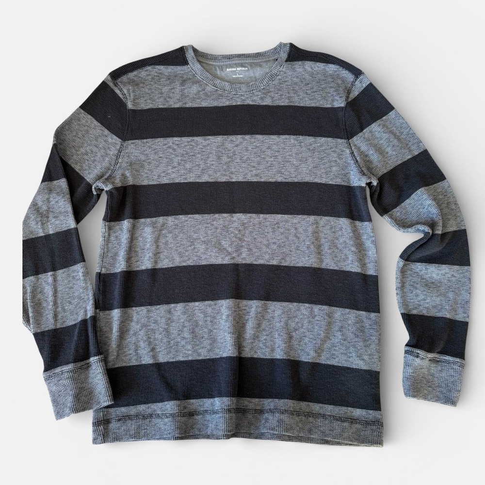 Banana Republic Shirt Mens Large Gray Stripe Waffle Knit Thermal Long Sleeve